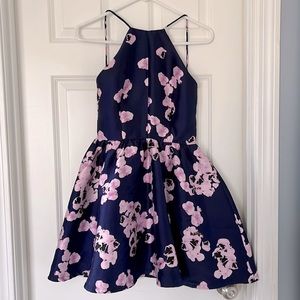 Navy Cocktail Dress with Pink Floral Design